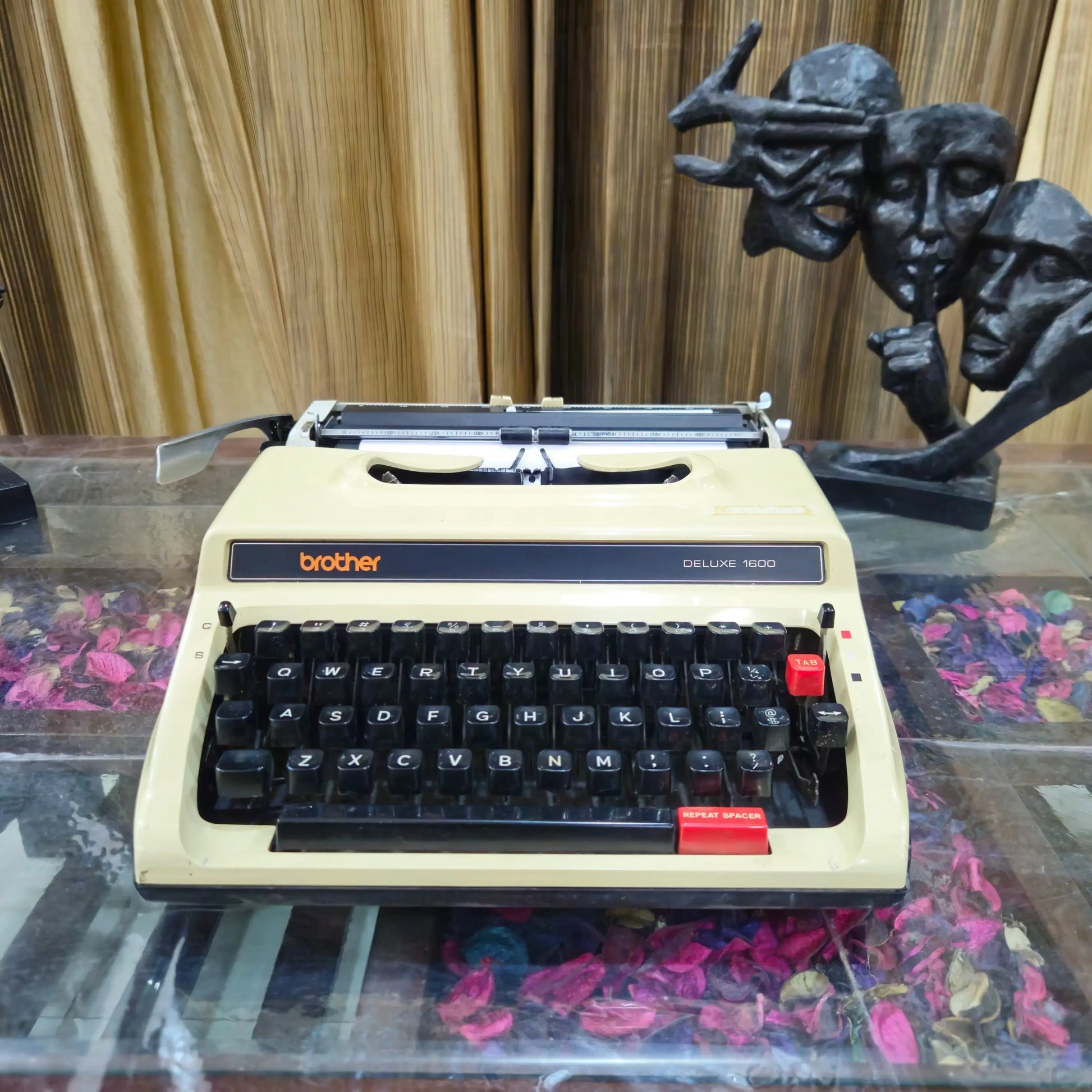 Cream Brother typing machine with red tab key | Manual English typewriter by RR Typewriter Mart