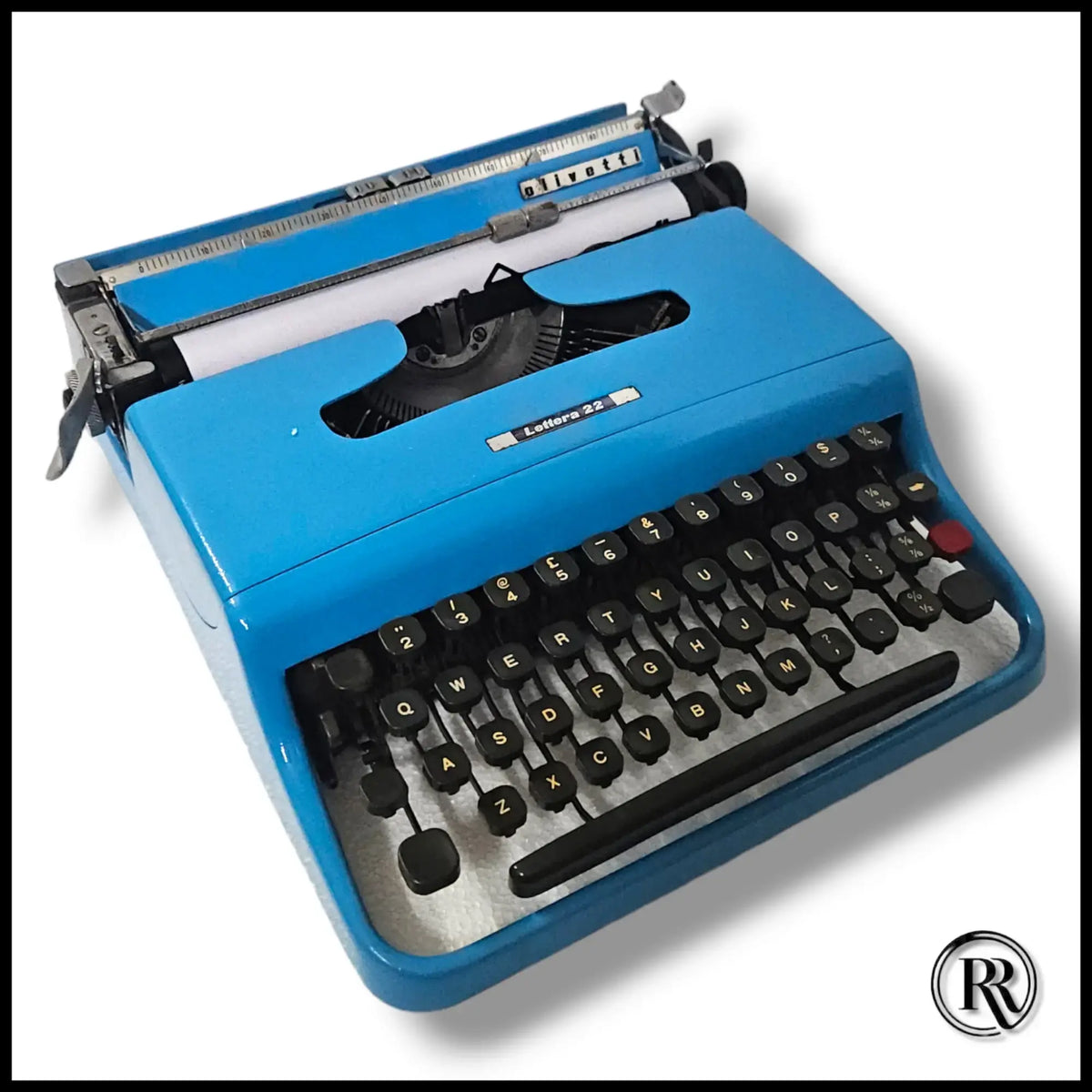 Front angle of Hex Blue Olivetti Typewriter, imported Manual English portable typing machine at RR Typewriter Mart