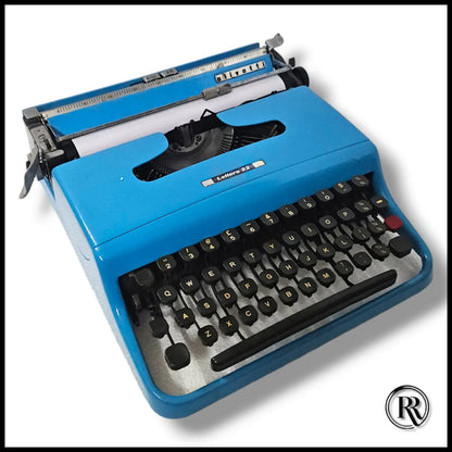 Front angle of Hex Blue Olivetti Typewriter, imported Manual English portable typing machine at RR Typewriter Mart