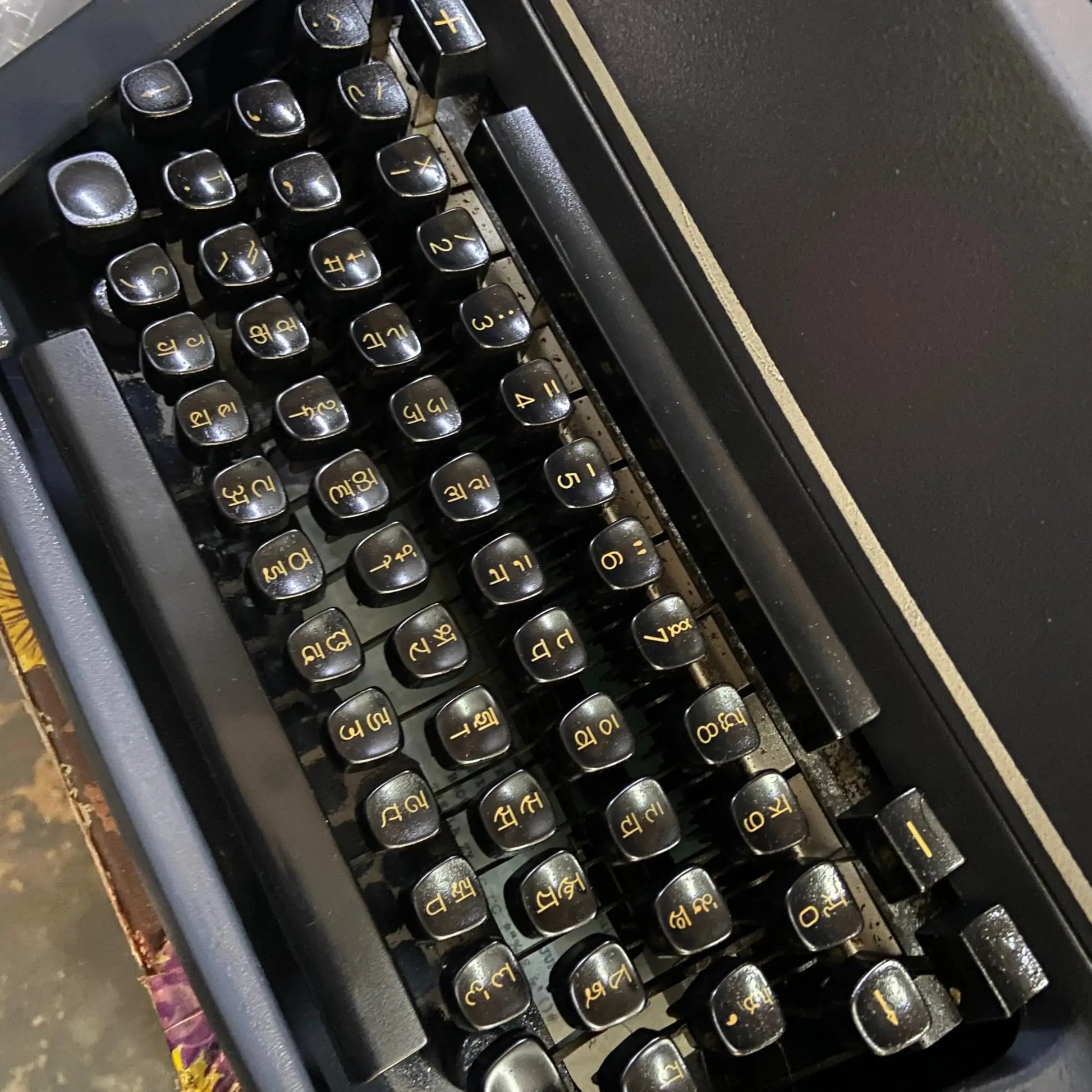 Close-up of Godrej Hindi Typewriter’s Devanagari keyboard layout and mechanical keys