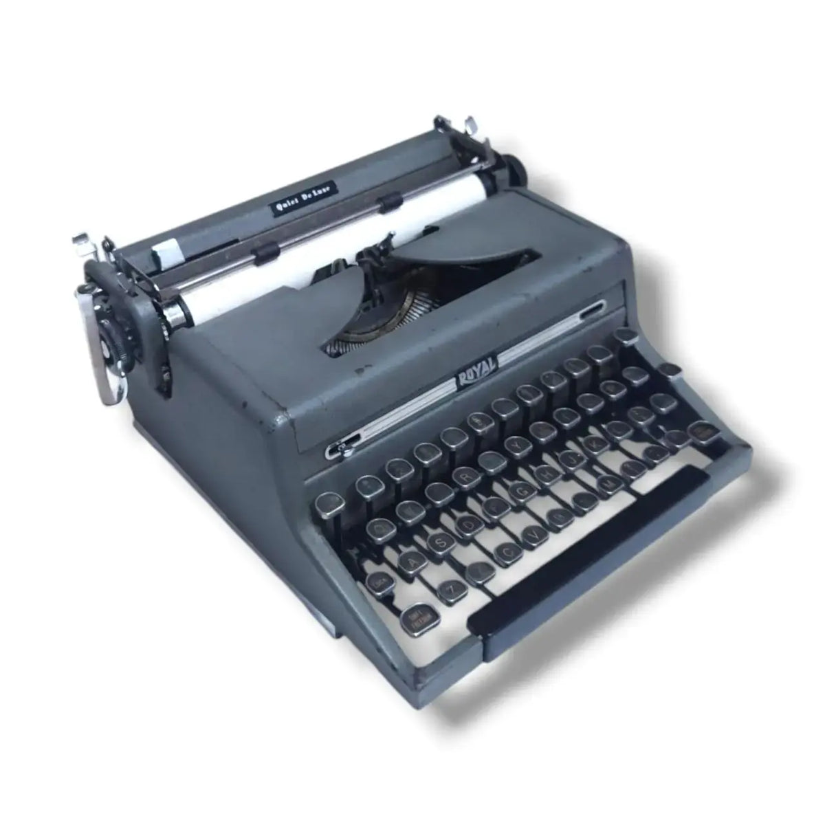 Angled Royal Typewriter portable typing machine in grey finish – buy typewriter from RR Typewriter Mart
