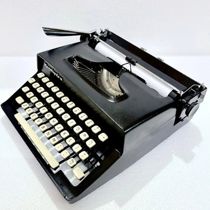 Obsidian Black Remington Manual English Typewriter angled view for Buy Typewriter from RR Typewriter Mart