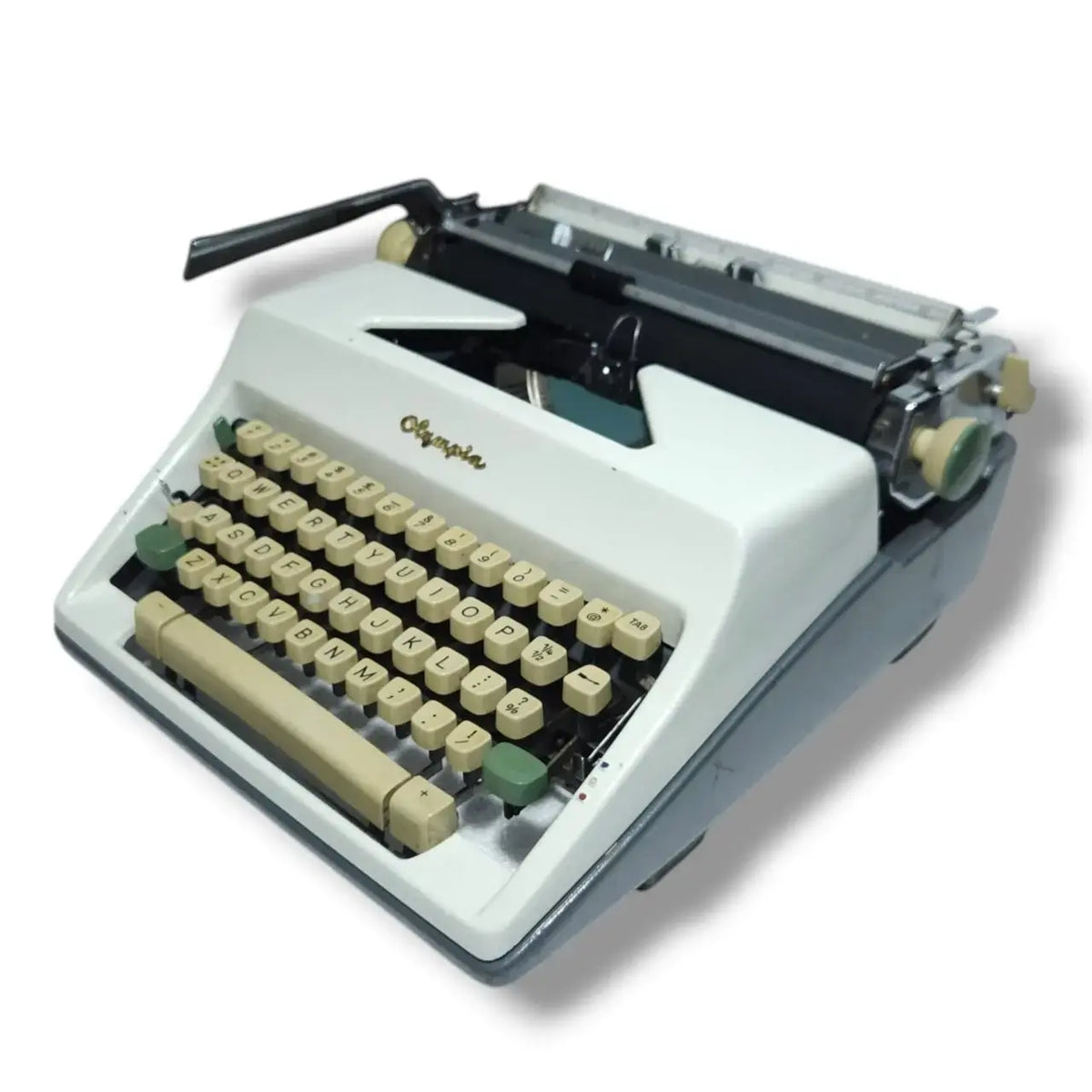 Angled Olympia typing machine in ivory white, imported typewriter for writers from typewriter shop