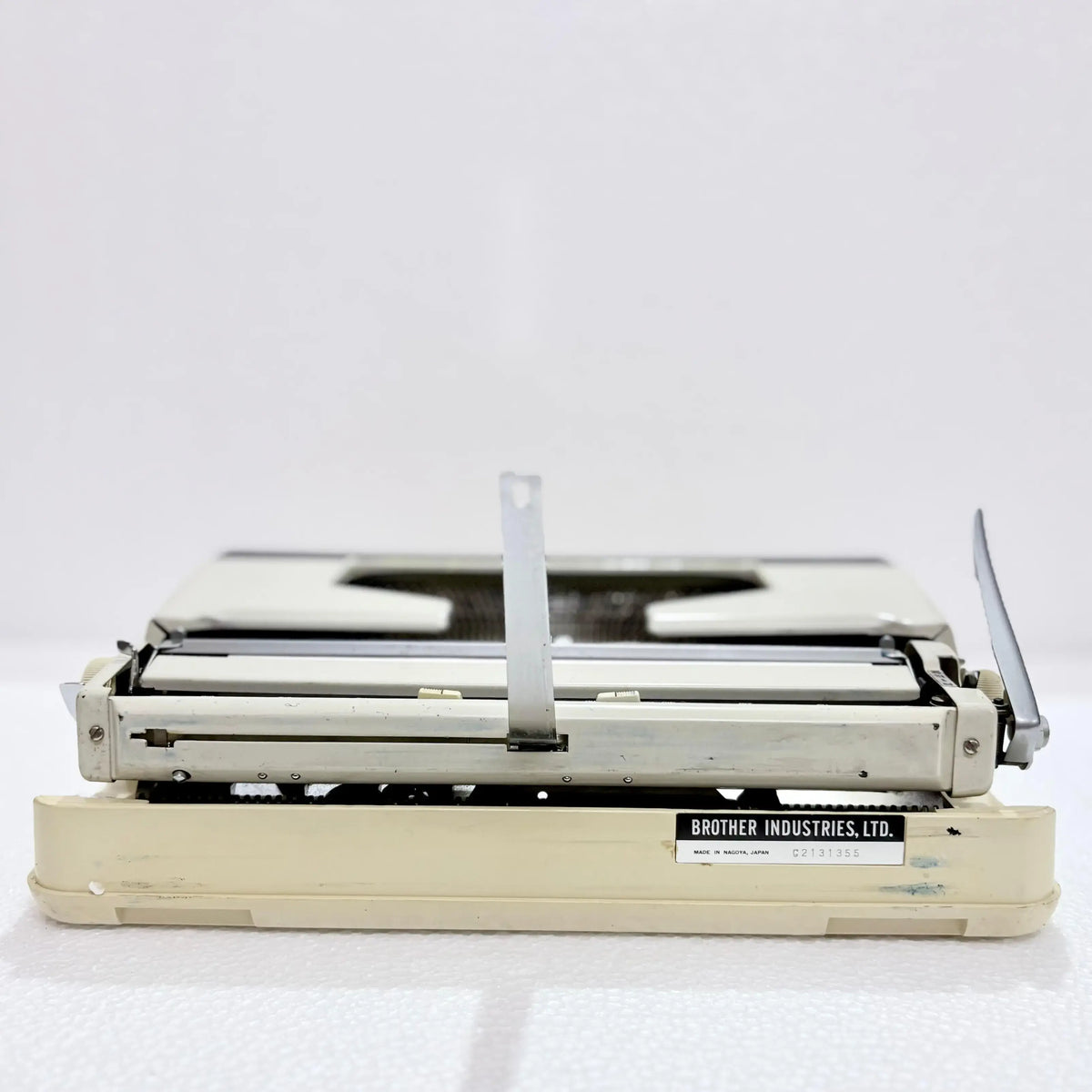 Rear view of Brother typewriter showing carriage, authentic portable typewriter from RR Typewriter Mart