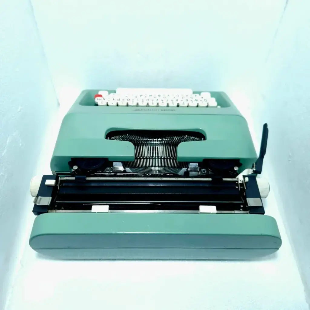 Olivetti Lettera 35 British Green Keyboard Close-Up, Retro Vintage Collectible Typewriter