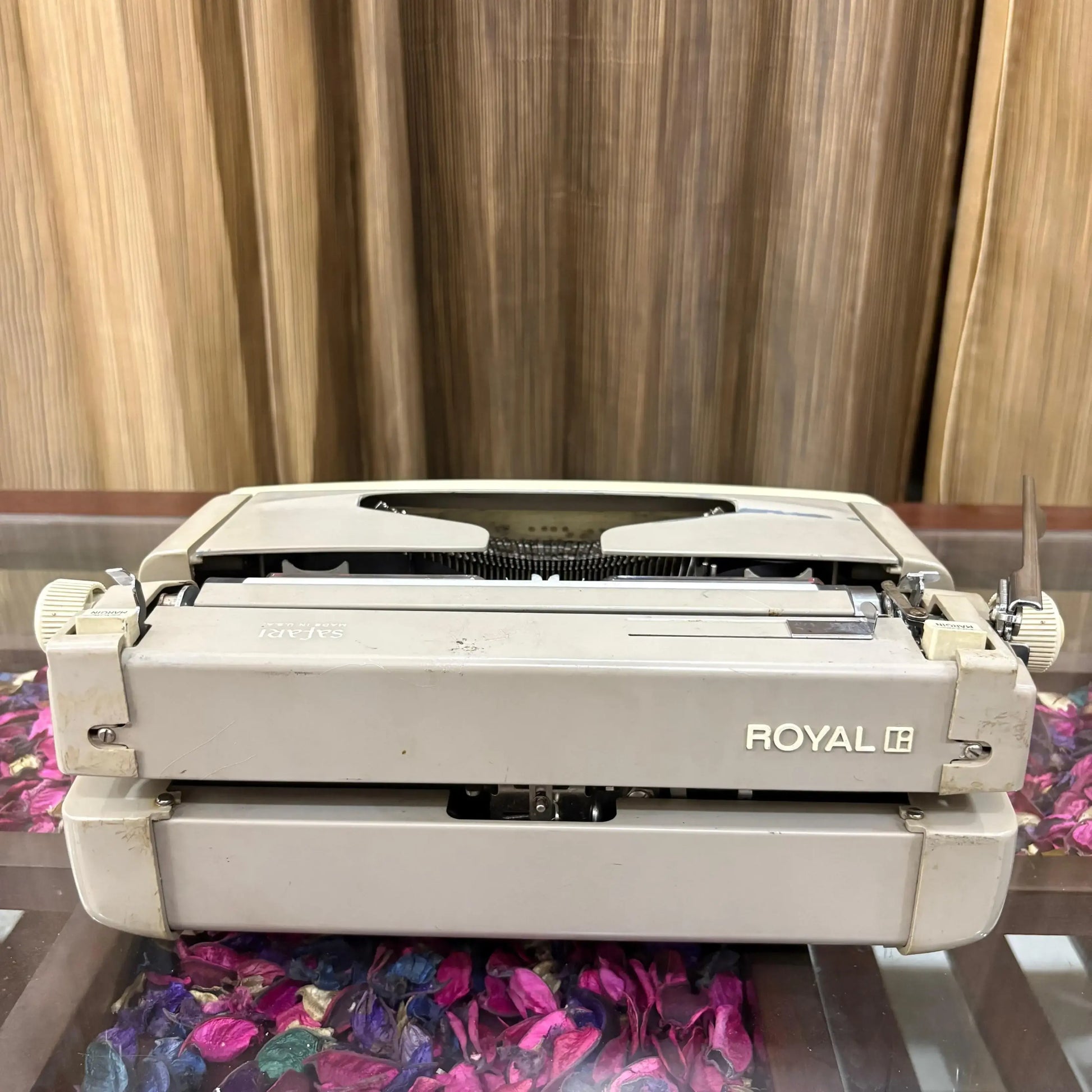 Rear view Royal English typewriter showing solid build, offered by RR Typewriter Mart typewriter store