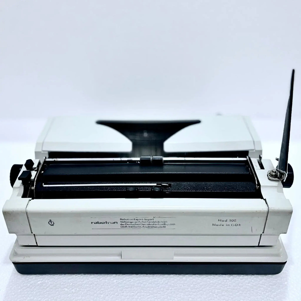 Rear view of Erika English Typewriter with platen and carriage, photographed for RR Typewriter Mart