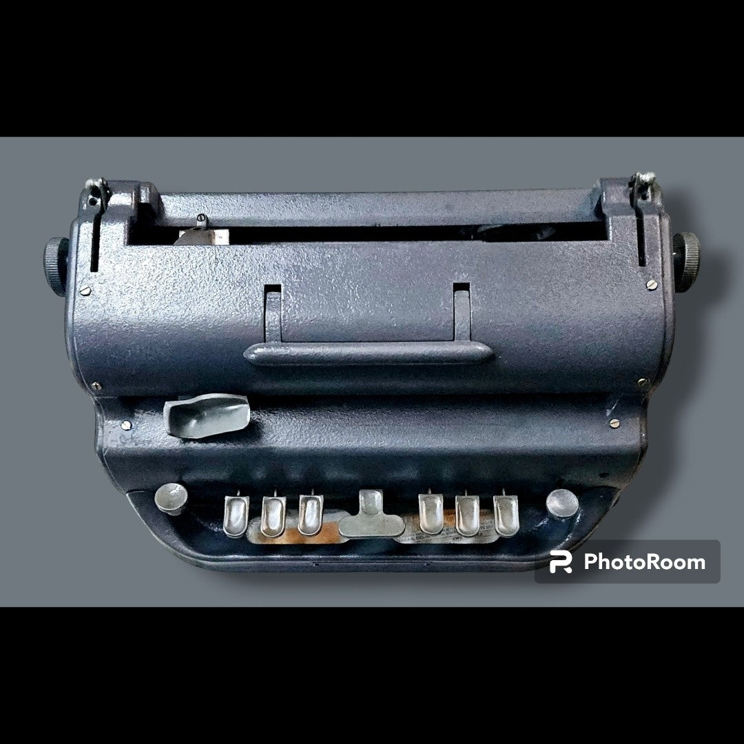 Top front view of Perkins Braille typing machine with six-key keyboard, buy manual braille typewriter from RR Typewriter Mart
