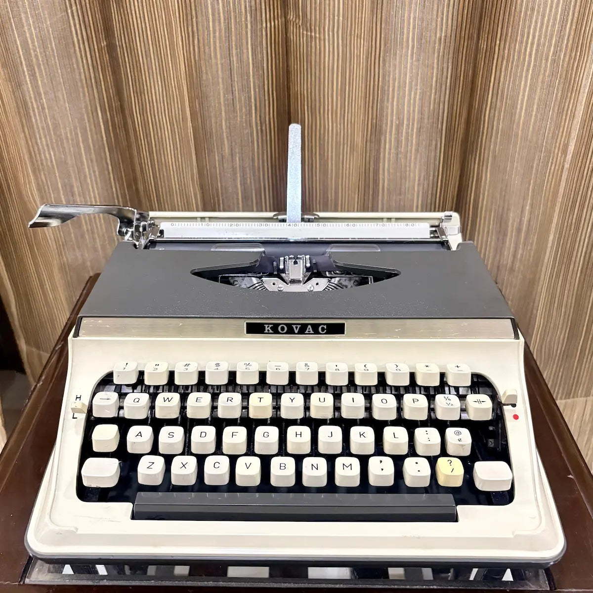 Vintage Kovac typewriter in original grey and ivory white, a distinctive addition to a classic mechanical typewriter collection | RR Typewriter Mart