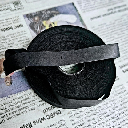 Close view of black typewriter ribbon roll fabric, ribbon for typing machine from ribbon roll store