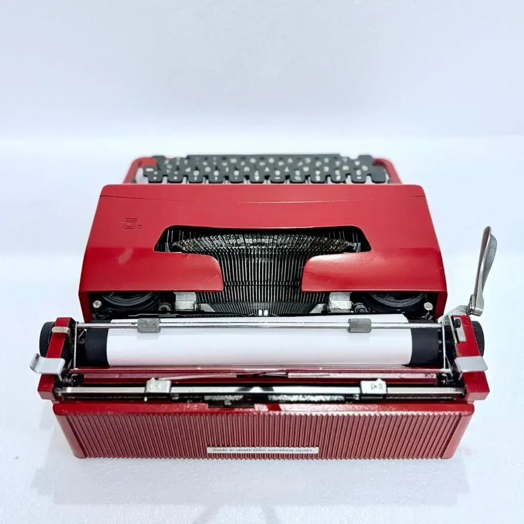 Back view of Olivetti Lettera 32 Rasso Red Typewriter showing full keyboard and body, RR Typewriter Mart