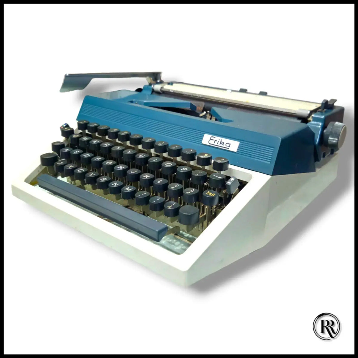 Vintage Erika Typewriter angled view, manual English typing machine for writers & collectors