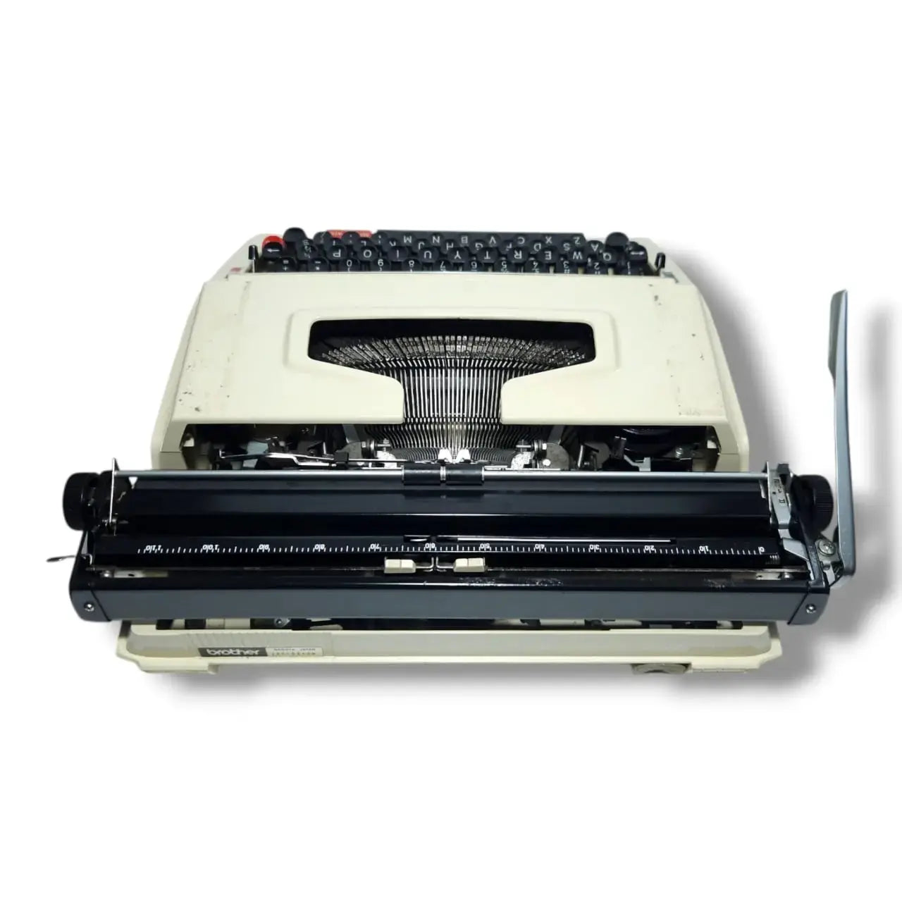 Brother Deluxe 762 TR typing machine rear view showing carriage and typebars, imported typewriter at RR Typewriter Mart