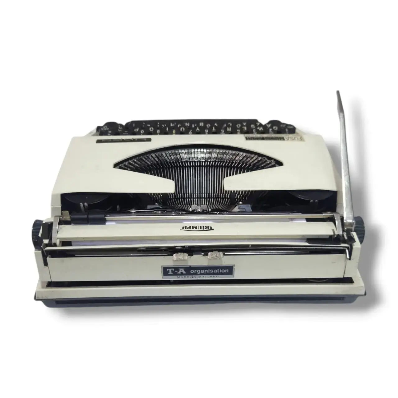 Adler Tippa Triumph typewriter rear view showing carriage, typebars, ribbon spools and Made in Holland label