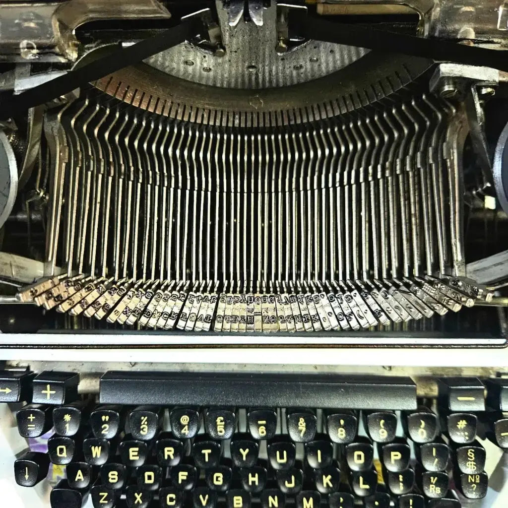 Close view inside Godrej English Typewriter, manual English typing machine serviced by RR Typewriter Mart