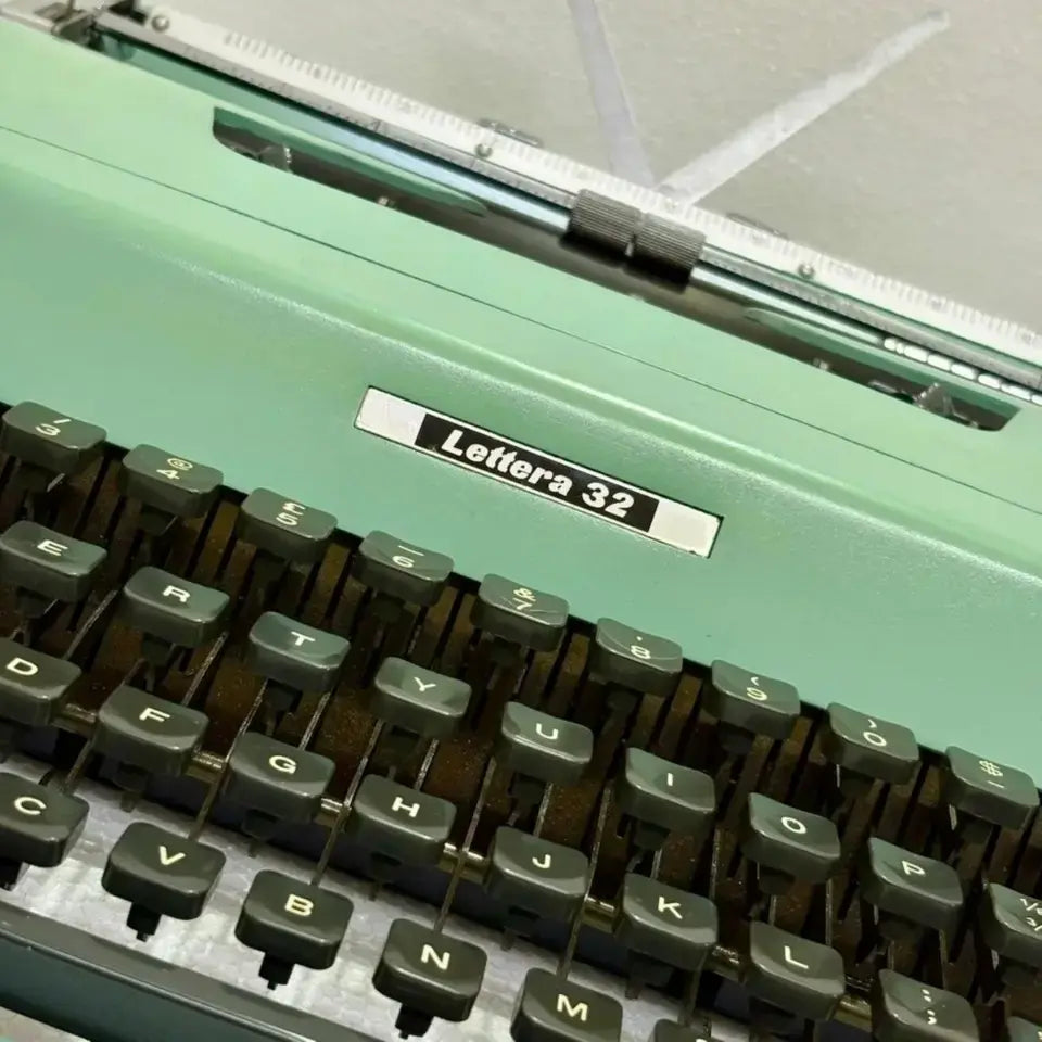 Close-up Olivetti typewriter keys and Lettera 32 badge, manual English typing machine, RR Typewriter Mart seller Delhi
