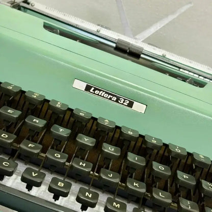 Close-up Olivetti typewriter keys and Lettera 32 badge, manual English typing machine, RR Typewriter Mart seller Delhi