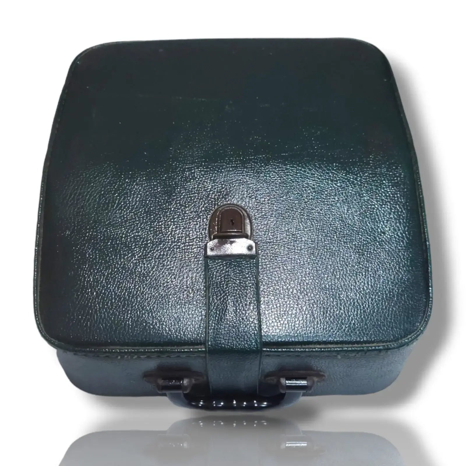 Black leather suitcase with a handle on a white background