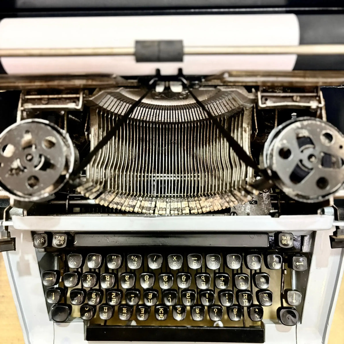 Close-up of Punjabi keyboard and typebars on Remington manual typewriter, professional machine from RR Typewriter Mart
