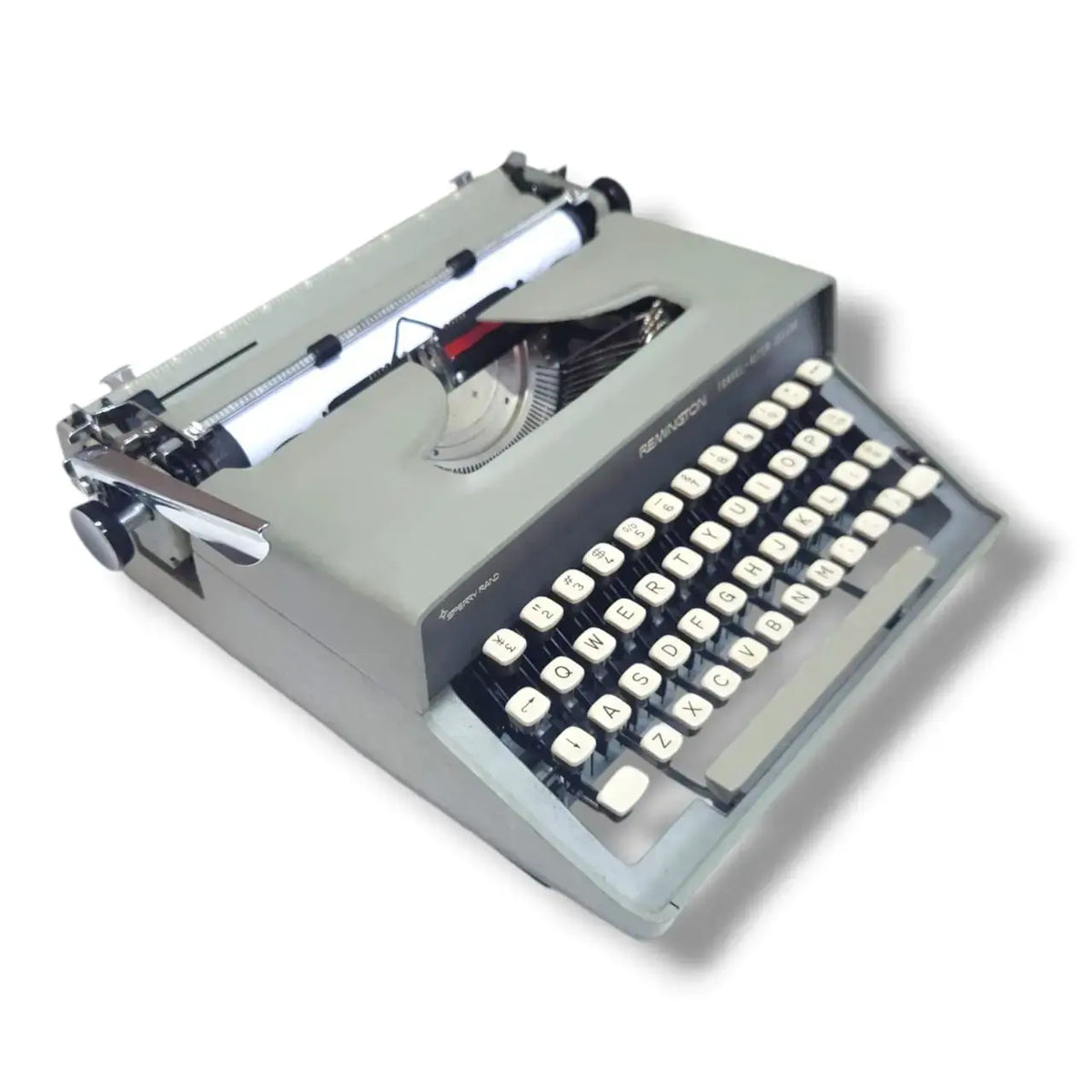 Remington Travel-Writer Deluxe typewriter angled view, portable Sperry Rand typing machine with English keyboard