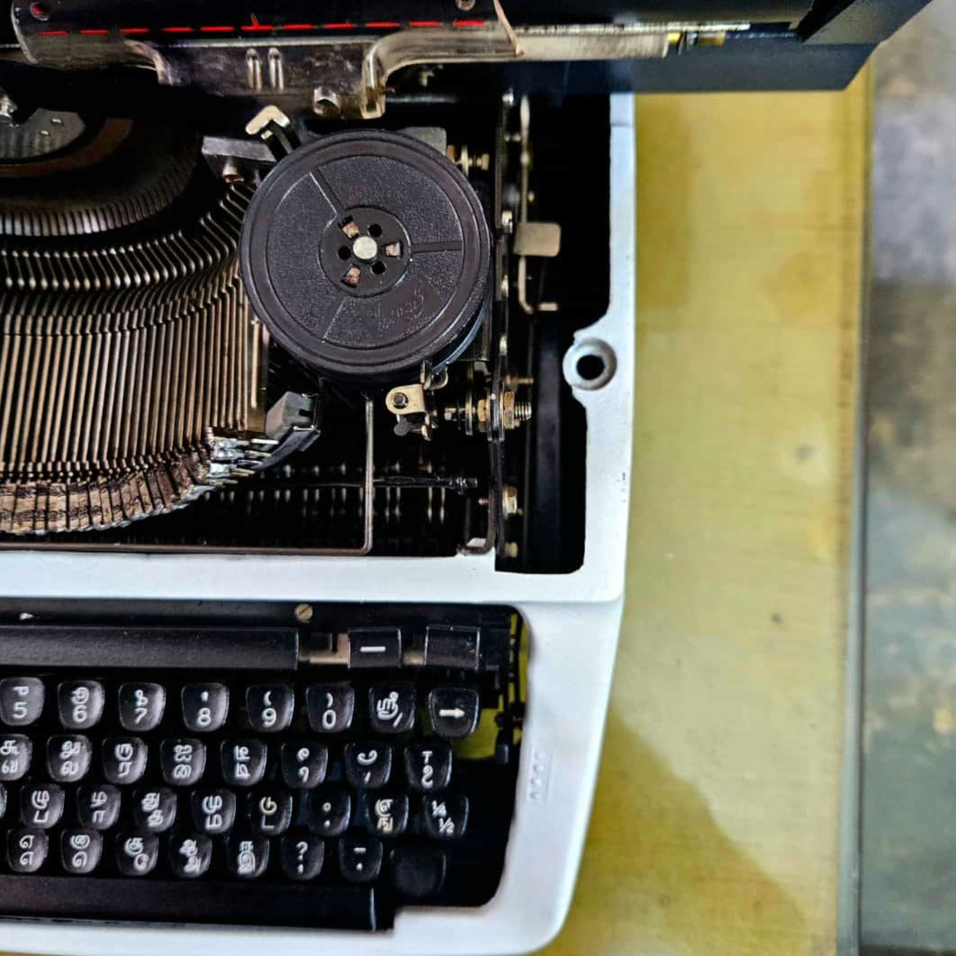 Close-up Godrej Tamil Typing machine keys and ribbon area, Typewriter Store RR Typewriter Mart