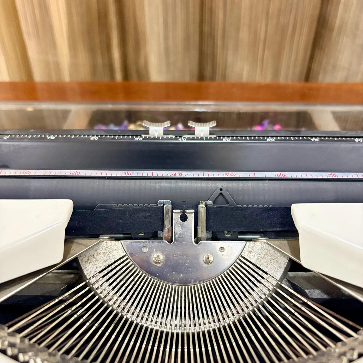 Close-up of Silver Reed Typewriter typebars, Japanese manual English typewriter by trusted typewriter seller