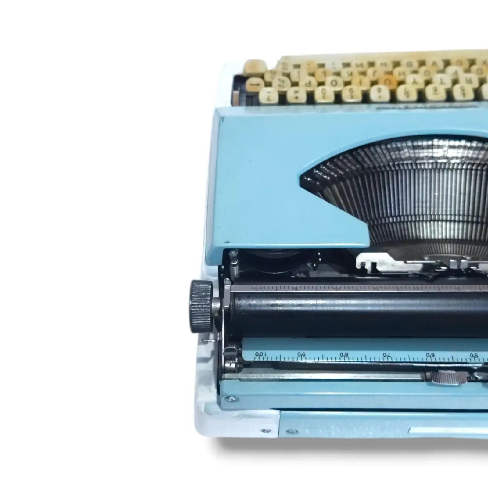 Rear view Imperial 200 portable typewriter blue imported typing machine at RR Typewriter Mart