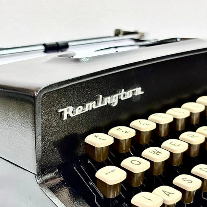 Close-up of Remington logo on Obsidian Black Manual English Typewriter by RR Typewriter Mart Typewriter Store