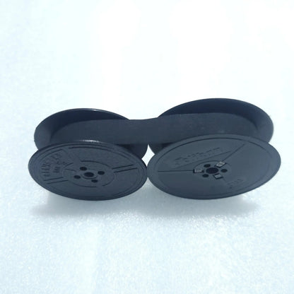 Black typewriter ribbon roll mounted on twin spools, RR Typewriter Mart typewriter ribbon seller