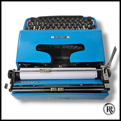 Rear view of Hex Blue Olivetti Lettera 22 imported portable typing machine from RR Typewriter Mart typewriter shop