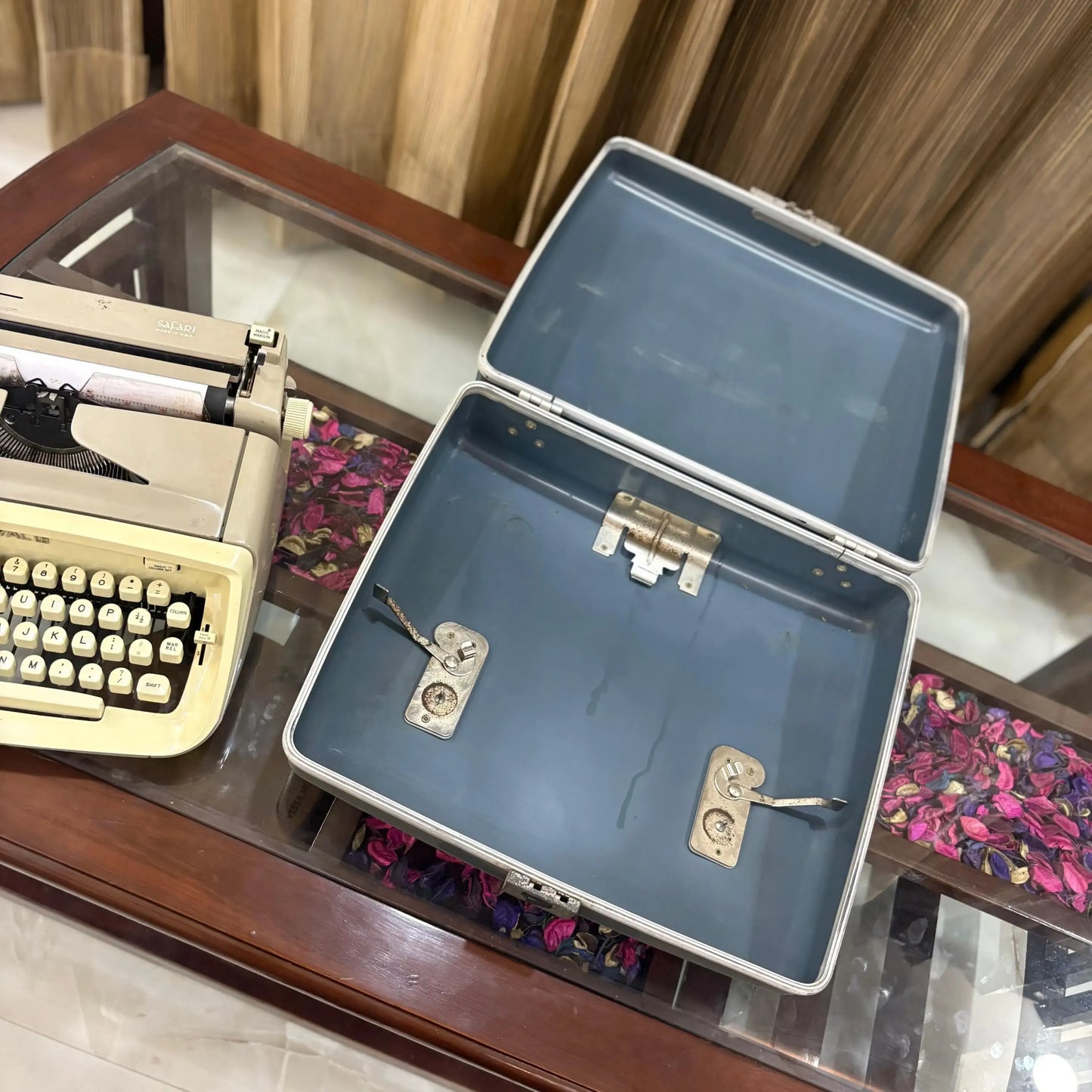 Royal Typewriter with original carry case open, showing portable English typewriter sold by RR Typewriter Mart