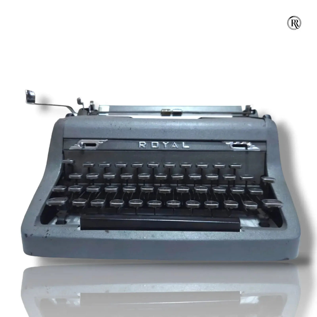 Royal Quiet Deluxe vintage manual typewriter low front view for writers and typewriter collectors