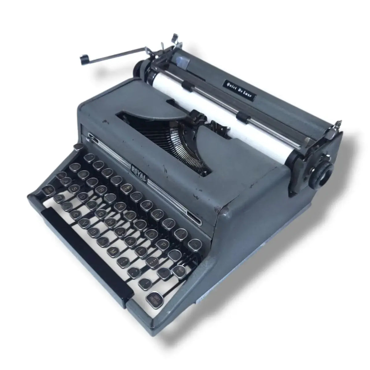 Grey Royal Typewriter side angle portable typing machine – RR Typewriter Mart typewriter seller