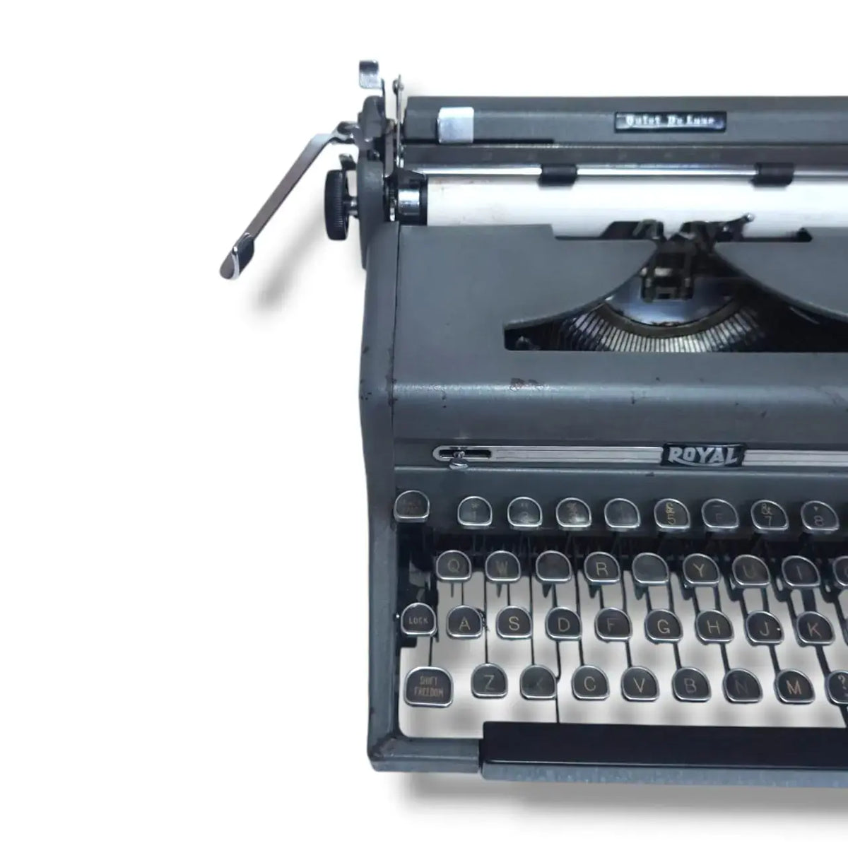 Royal Quiet Deluxe carriage lever detail – manual English typewriter by RR Typewriter Mart