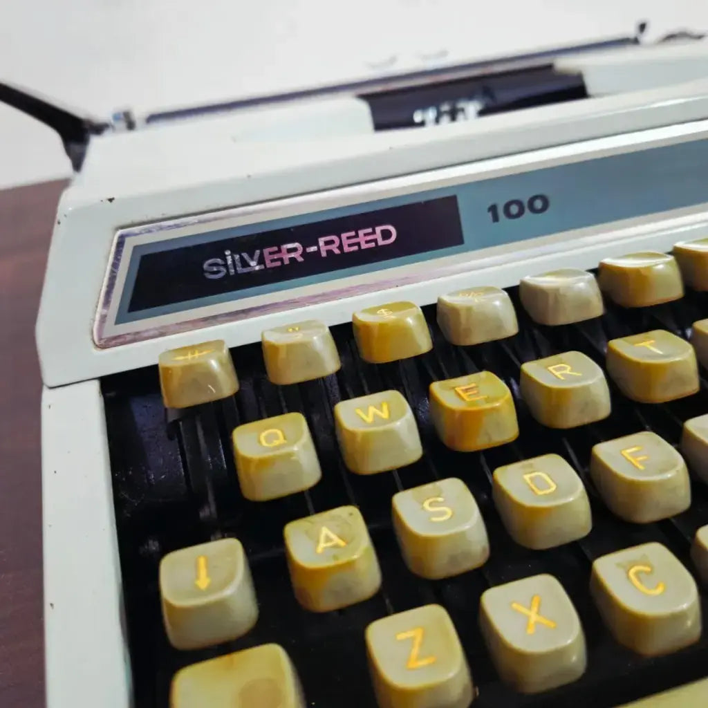 Close-up Silver Reed Typewriter keys and logo, manual English typing machine from RR Typewriter Mart typewriter store